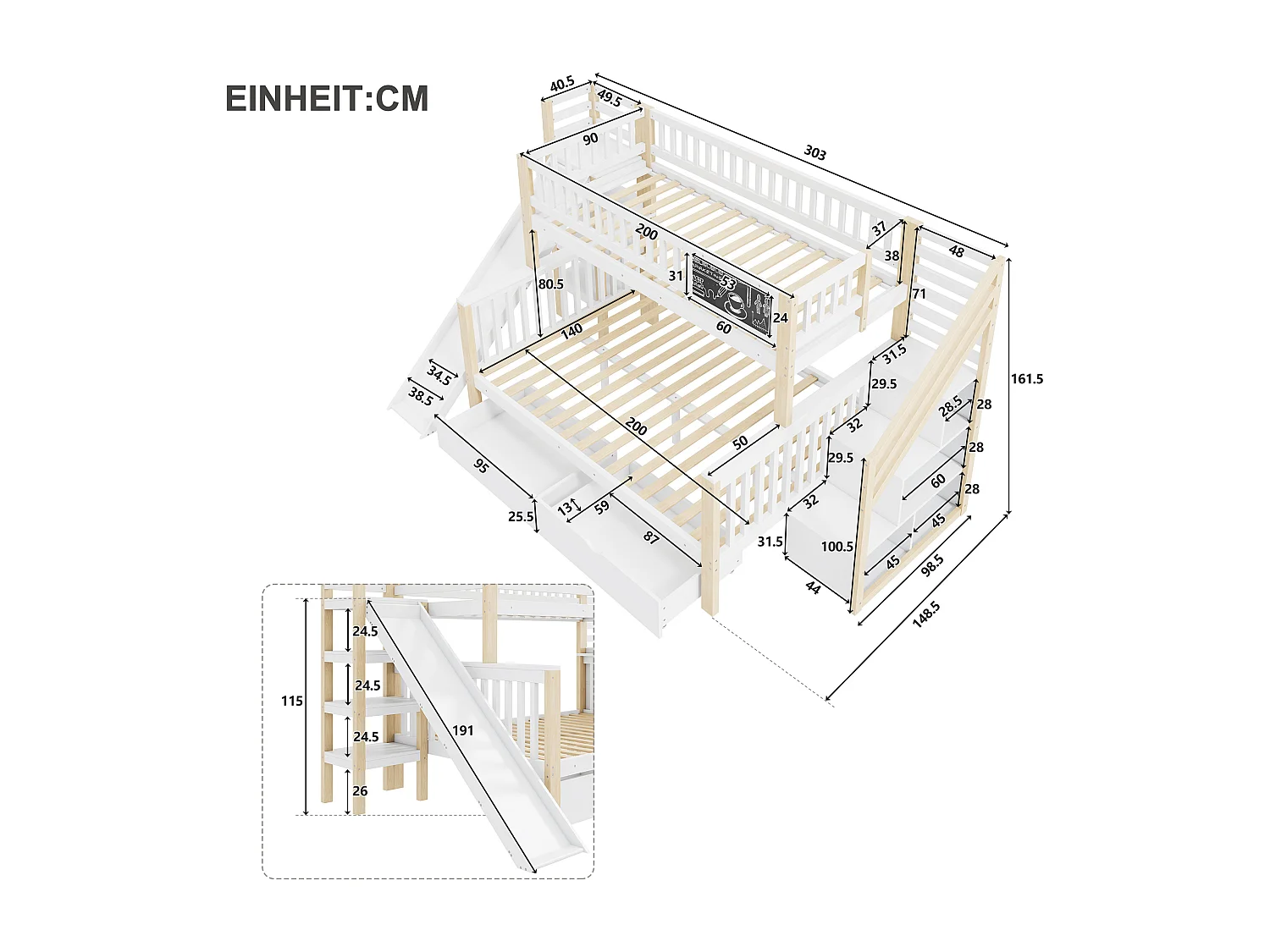 Stapelbedden 140 x 200 cm + 90 x 200 cm - 2 laden, glijbaan, opbergplanken - Massief hout - Wit (zonder matras)
