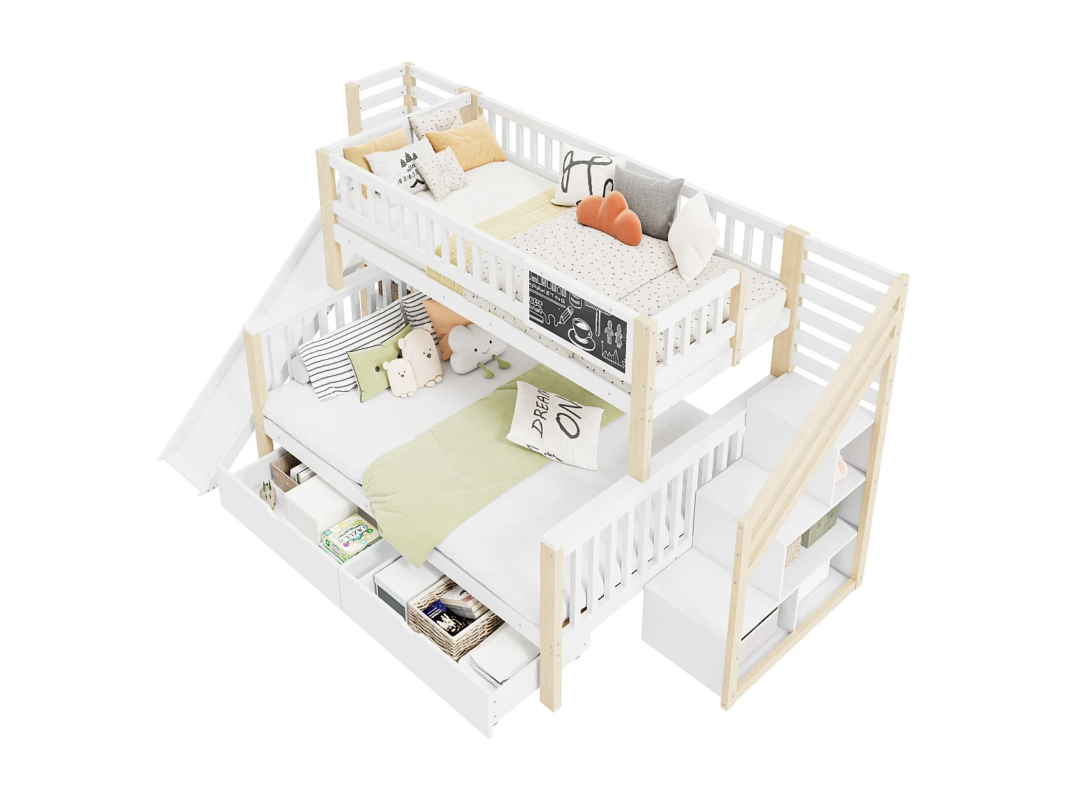 Stapelbedden 140 x 200 cm + 90 x 200 cm - 2 laden, glijbaan, opbergplanken - Massief hout - Wit (zonder matras)