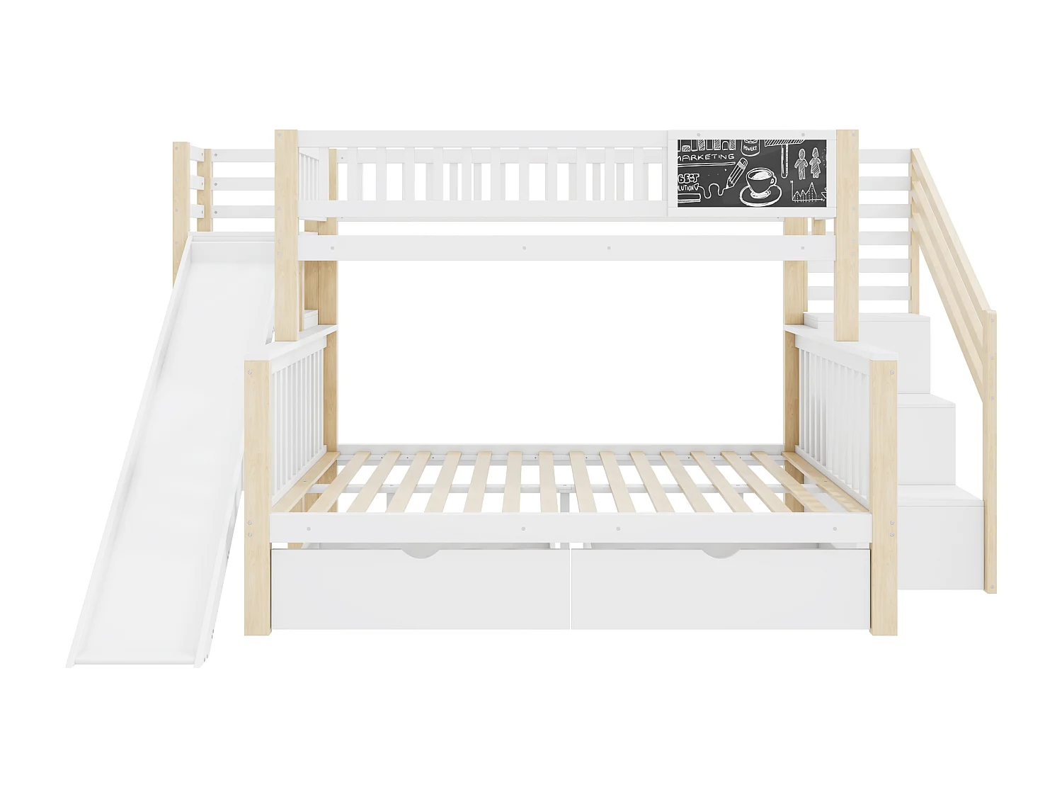Stapelbedden 140 x 200 cm + 90 x 200 cm - 2 laden, glijbaan, opbergplanken - Massief hout - Wit (zonder matras)