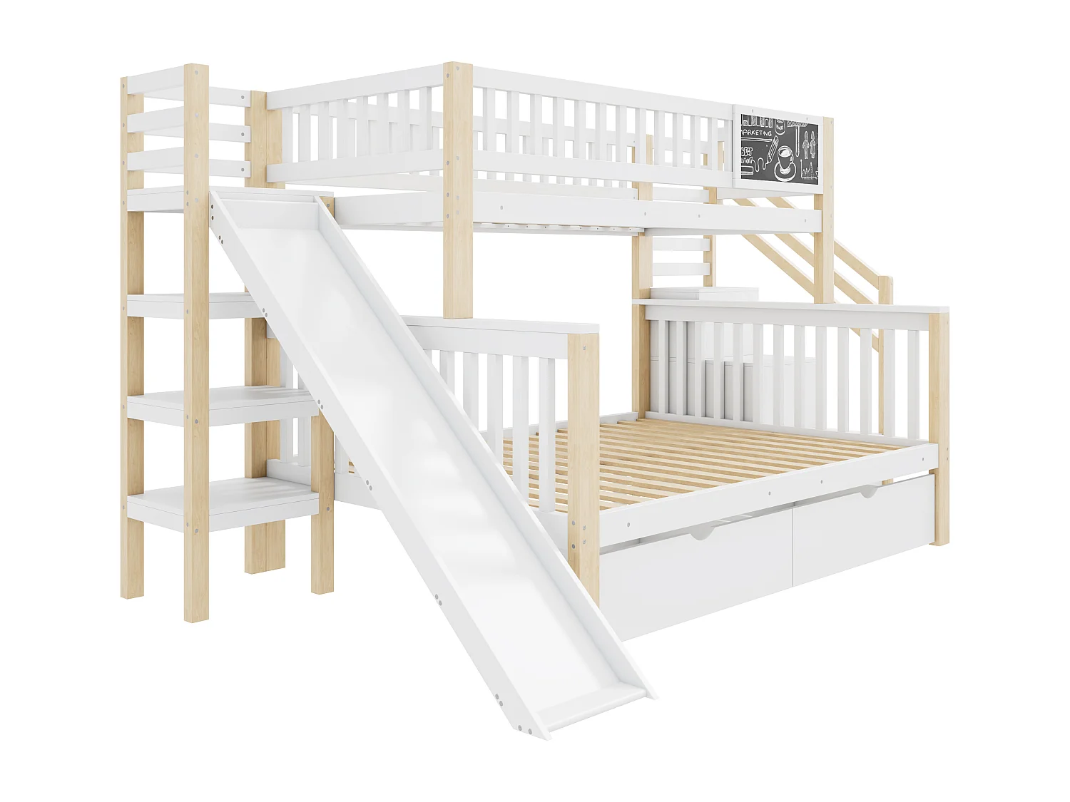 Stapelbedden 140 x 200 cm + 90 x 200 cm - 2 laden, glijbaan, opbergplanken - Massief hout - Wit (zonder matras)