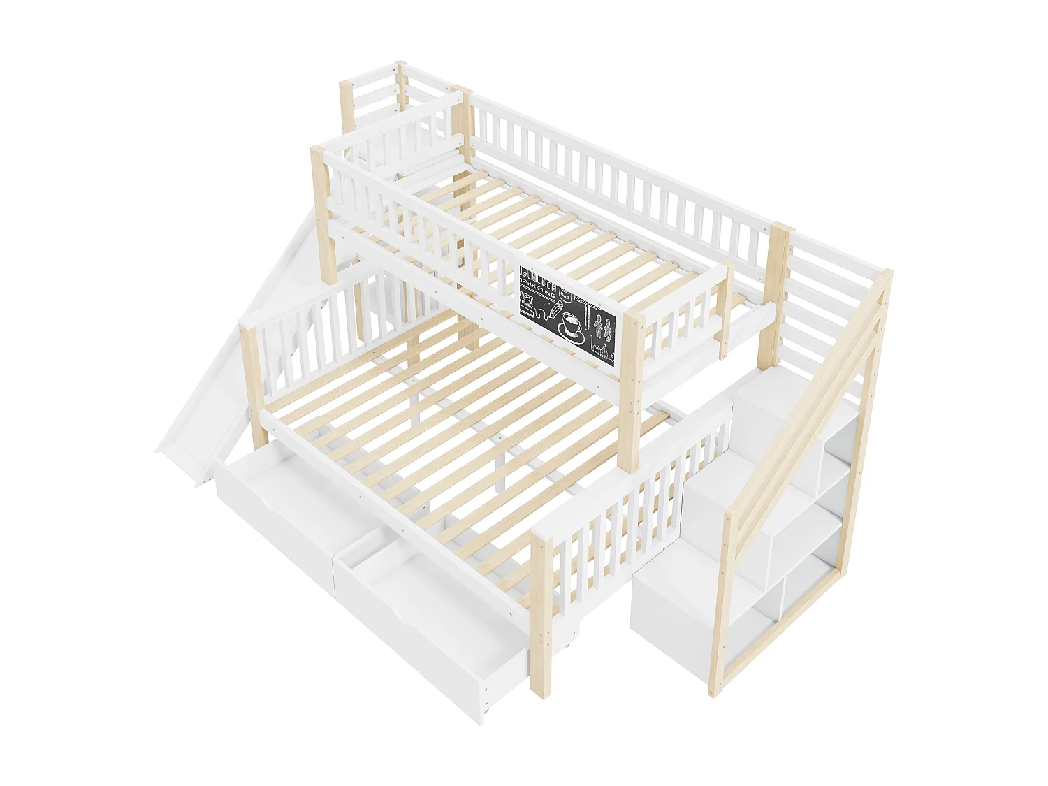 Stapelbedden 140 x 200 cm + 90 x 200 cm - 2 laden, glijbaan, opbergplanken - Massief hout - Wit (zonder matras)