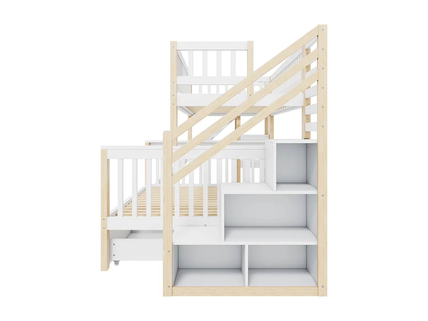 Stapelbedden 140 x 200 cm + 90 x 200 cm - 2 laden, glijbaan, opbergplanken - Massief hout - Wit (zonder matras)