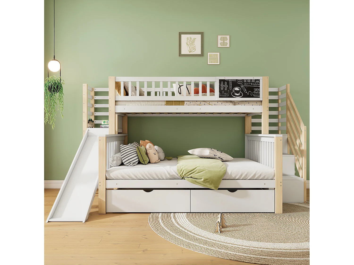 Bunk beds 140 x 200 cm + 90 x 200 cm - 2 drawers, pull-out, storage shelves - Solid wood - White (mattresses not included)