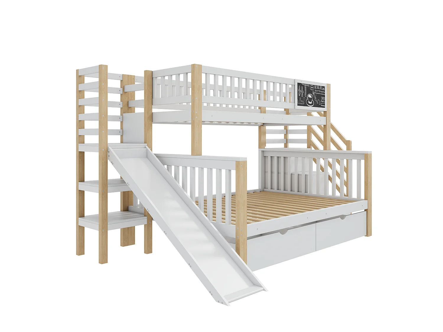 Bunk beds 140 x 200 cm + 90 x 200 cm - 2 drawers, pull-out, storage shelves - Solid wood - White (mattresses not included)