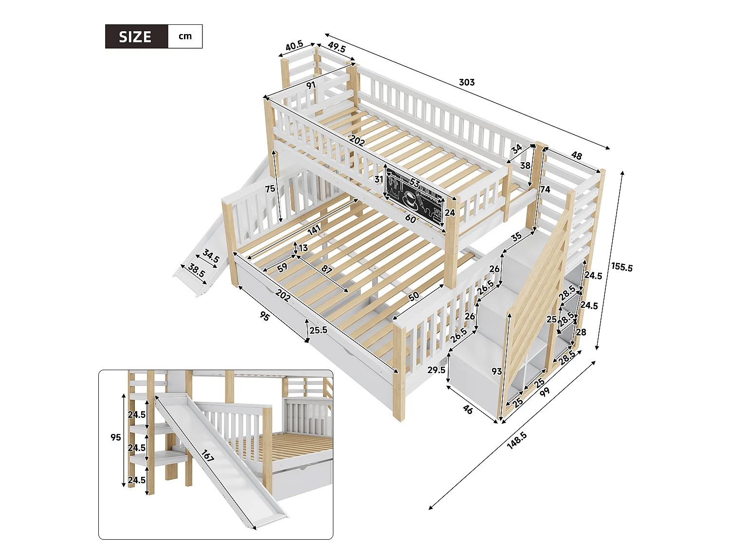 Bunk beds 140 x 200 cm + 90 x 200 cm - 2 drawers, pull-out, storage shelves - Solid wood - White (mattresses not included)