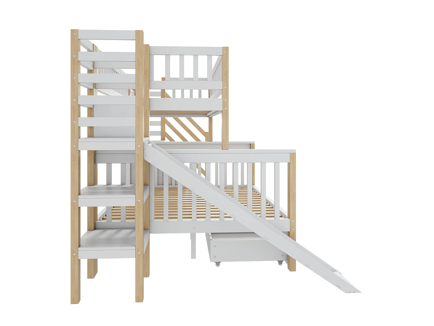 Bunk beds 140 x 200 cm + 90 x 200 cm - 2 drawers, pull-out, storage shelves - Solid wood - White (mattresses not included)
