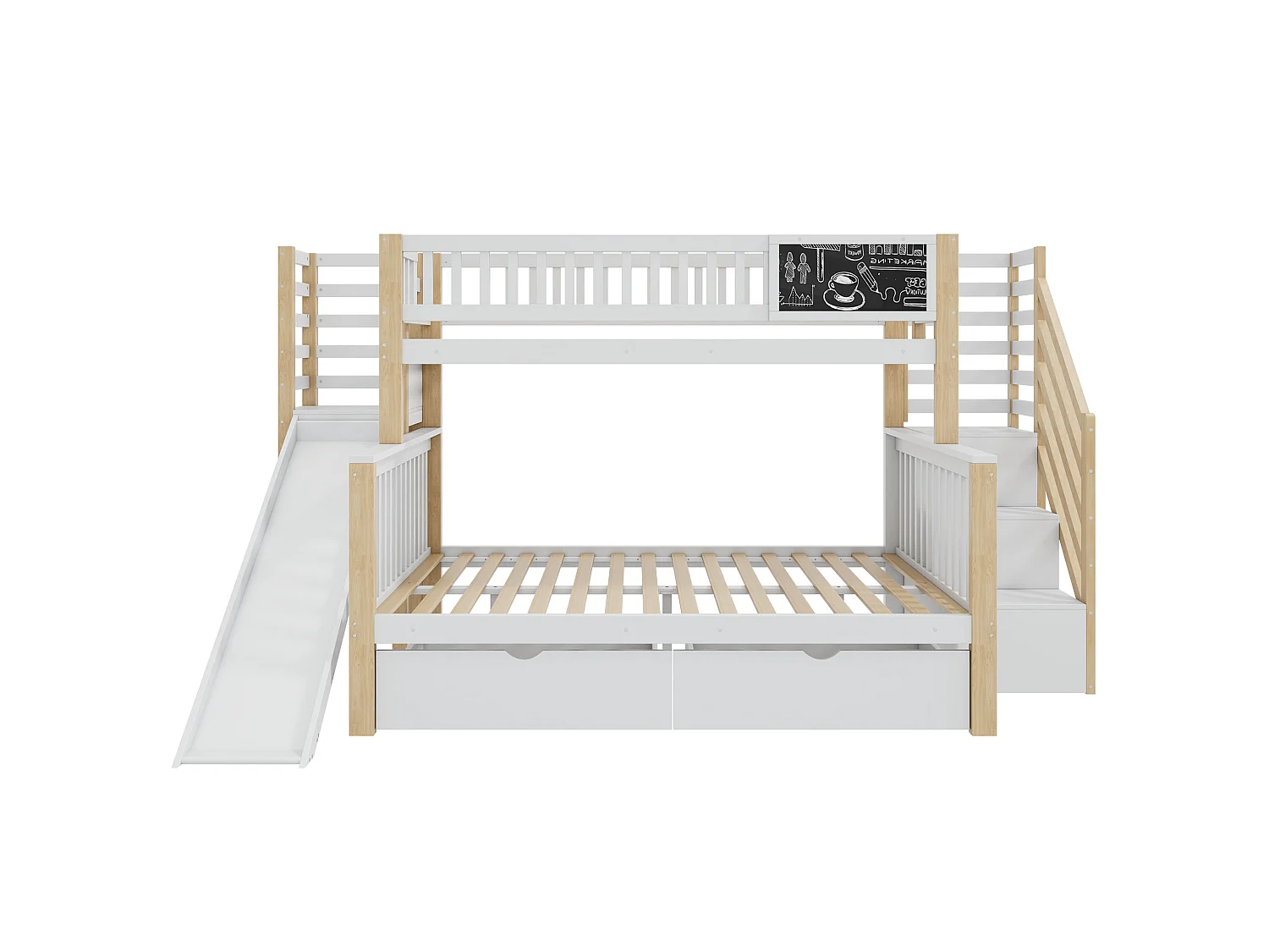 Bunk beds 140 x 200 cm + 90 x 200 cm - 2 drawers, pull-out, storage shelves - Solid wood - White (mattresses not included)