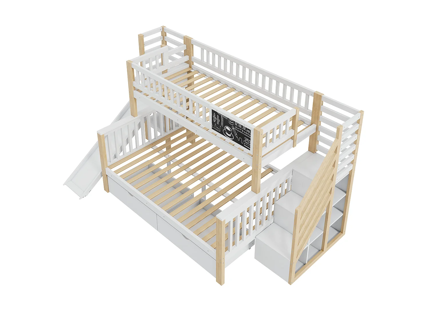 Bunk beds 140 x 200 cm + 90 x 200 cm - 2 drawers, pull-out, storage shelves - Solid wood - White (mattresses not included)