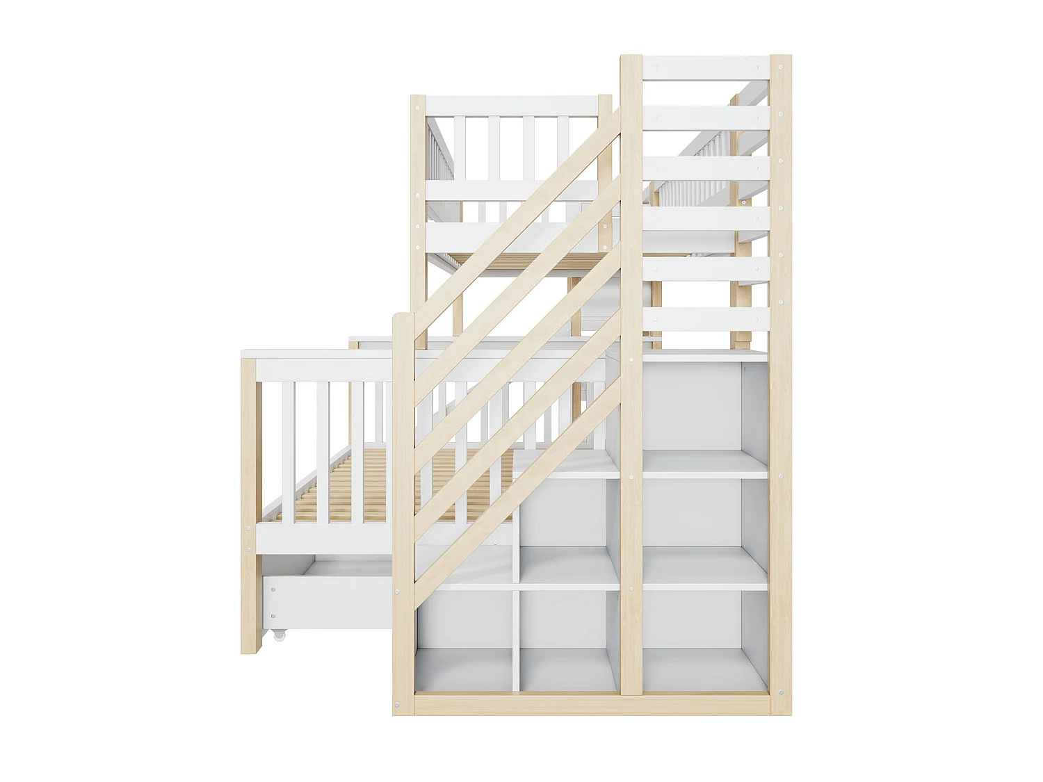 Bunk beds 140 x 200 cm + 90 x 200 cm - 2 drawers, pull-out, storage shelves - Solid wood - White (mattresses not included)