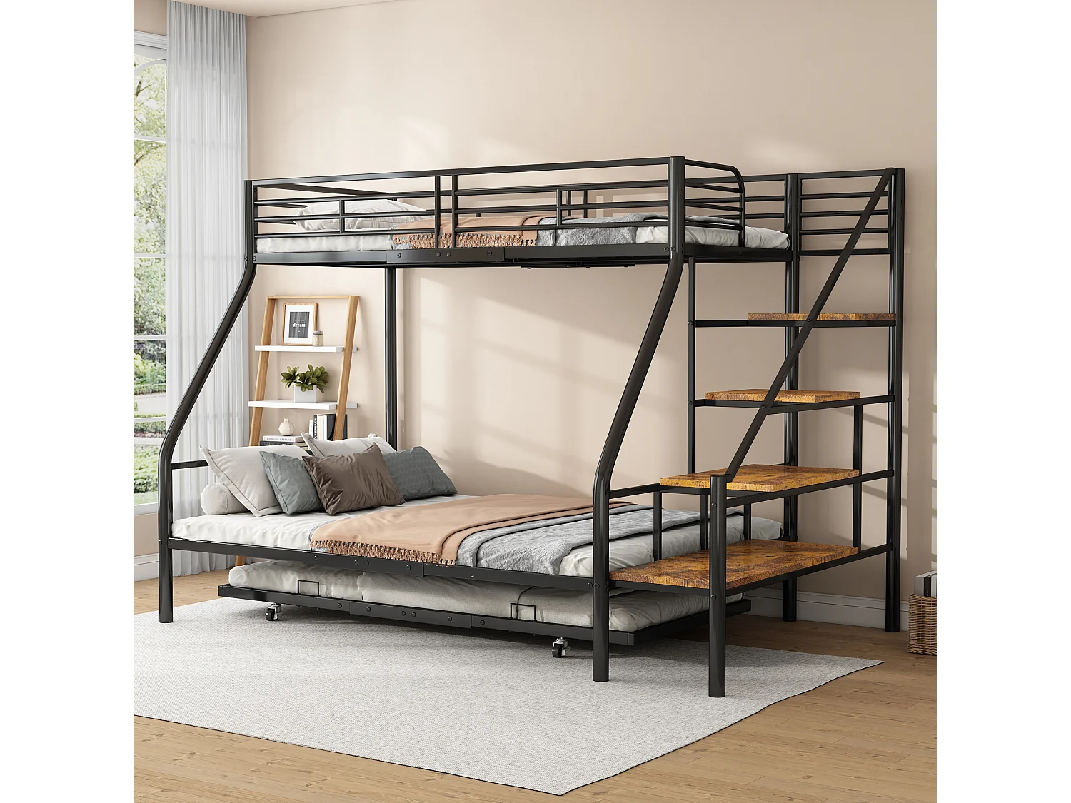 Stapelbedden 140 x 200 + 90 x 200 cm met onderschuifbed 90 x 190 cm - Metaal + MDF - Lattenbodem - Zwart (zonder matras)