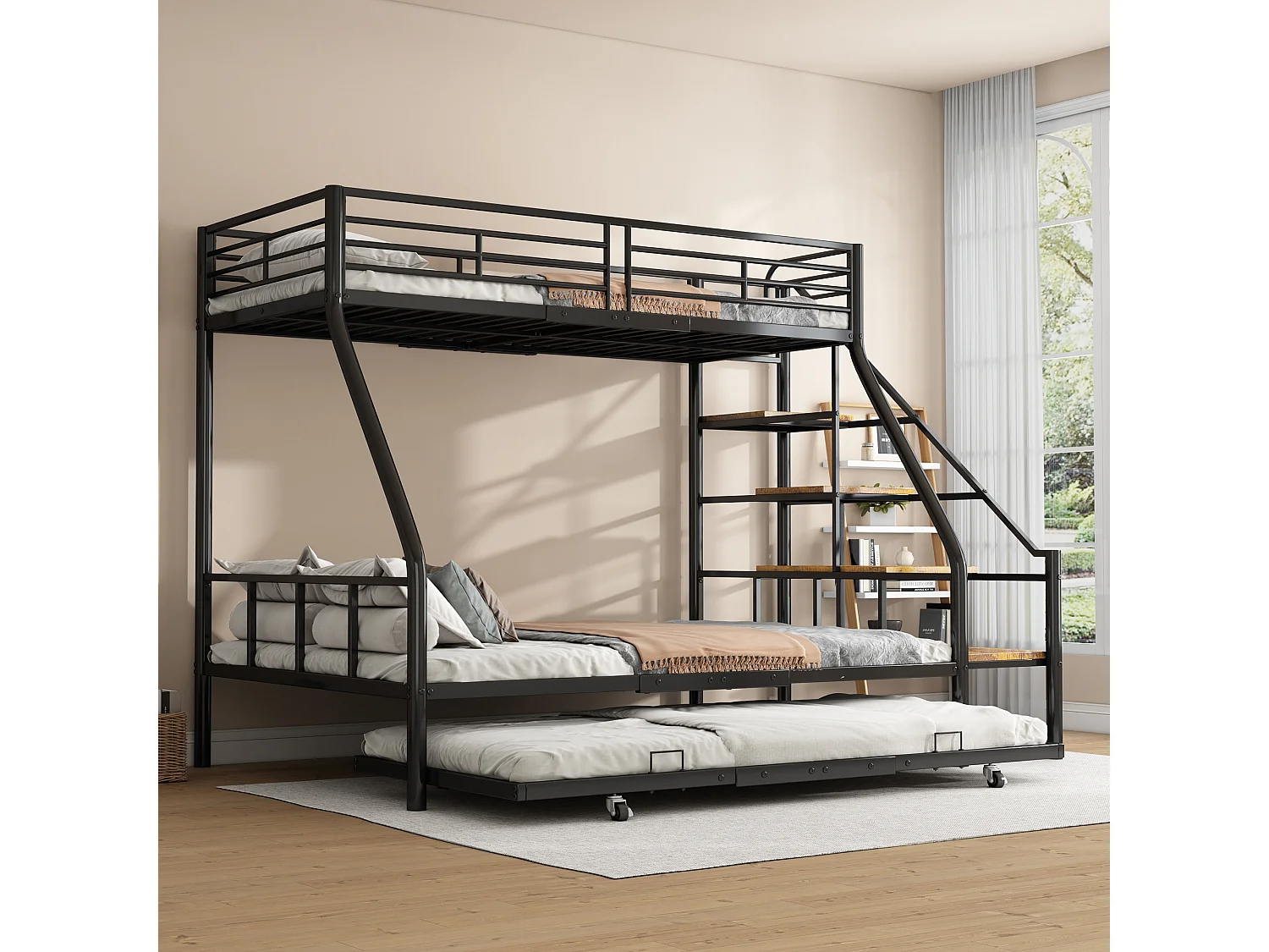 Stapelbedden 140 x 200 + 90 x 200 cm met onderschuifbed 90 x 190 cm - Metaal + MDF - Lattenbodem - Zwart (zonder matras)