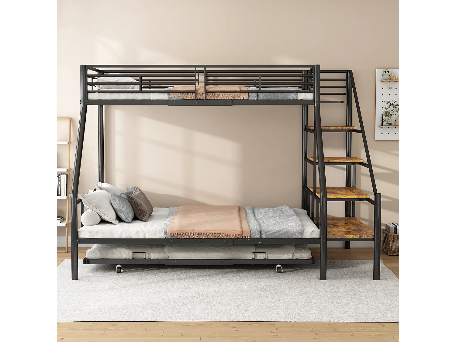 Stapelbedden 140 x 200 + 90 x 200 cm met onderschuifbed 90 x 190 cm - Metaal + MDF - Lattenbodem - Zwart (zonder matras)