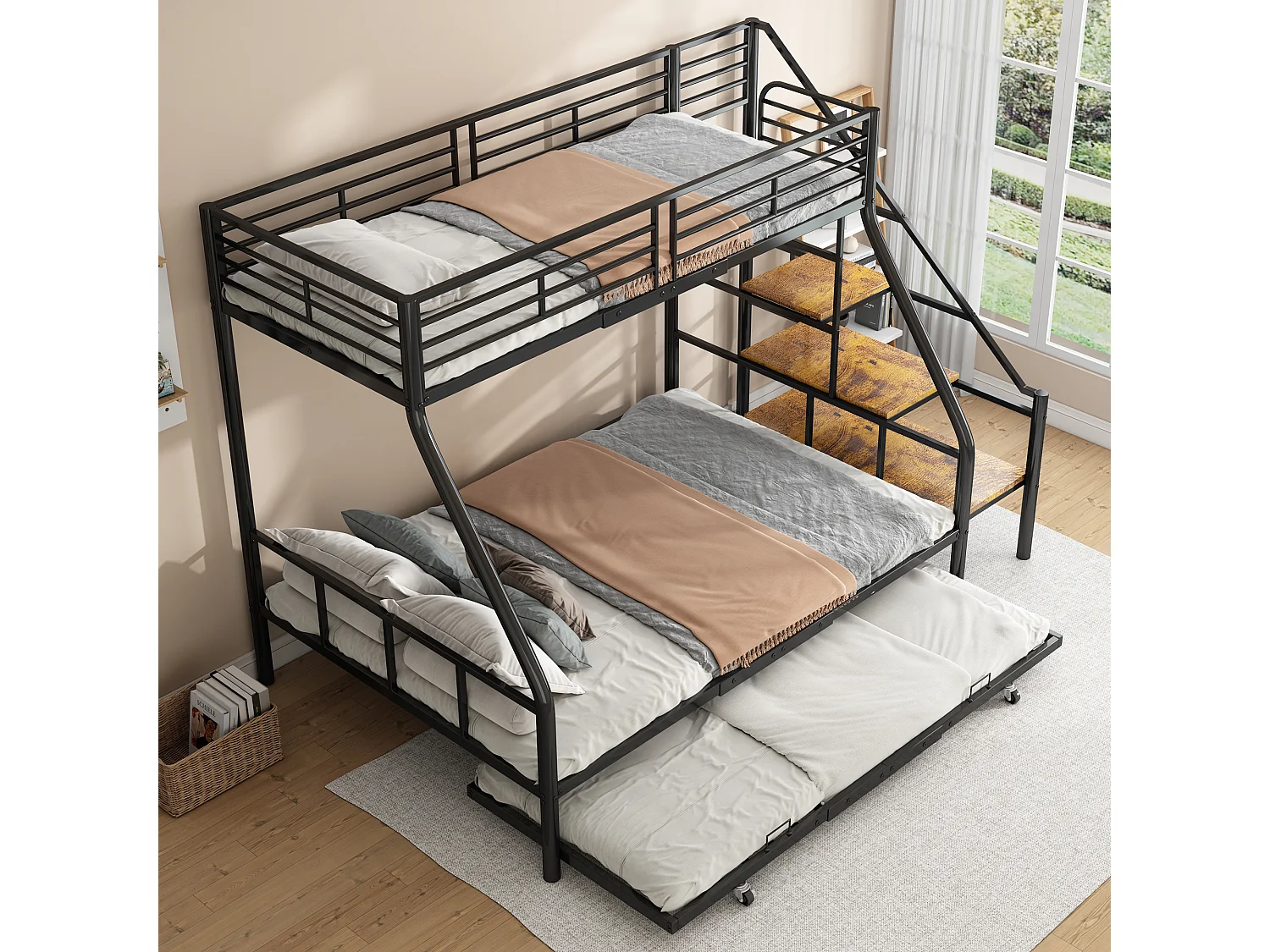 Stapelbedden 140 x 200 + 90 x 200 cm met onderschuifbed 90 x 190 cm - Metaal + MDF - Lattenbodem - Zwart (zonder matras)