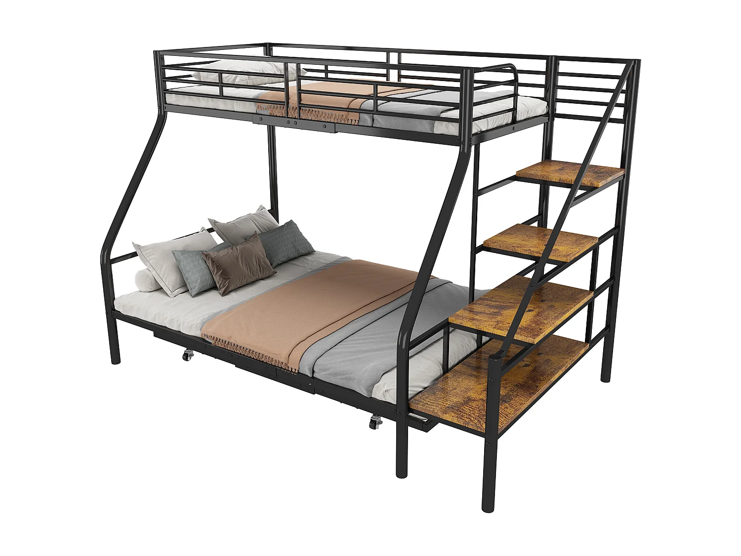 Stapelbedden 140 x 200 + 90 x 200 cm met onderschuifbed 90 x 190 cm - Metaal + MDF - Lattenbodem - Zwart (zonder matras)