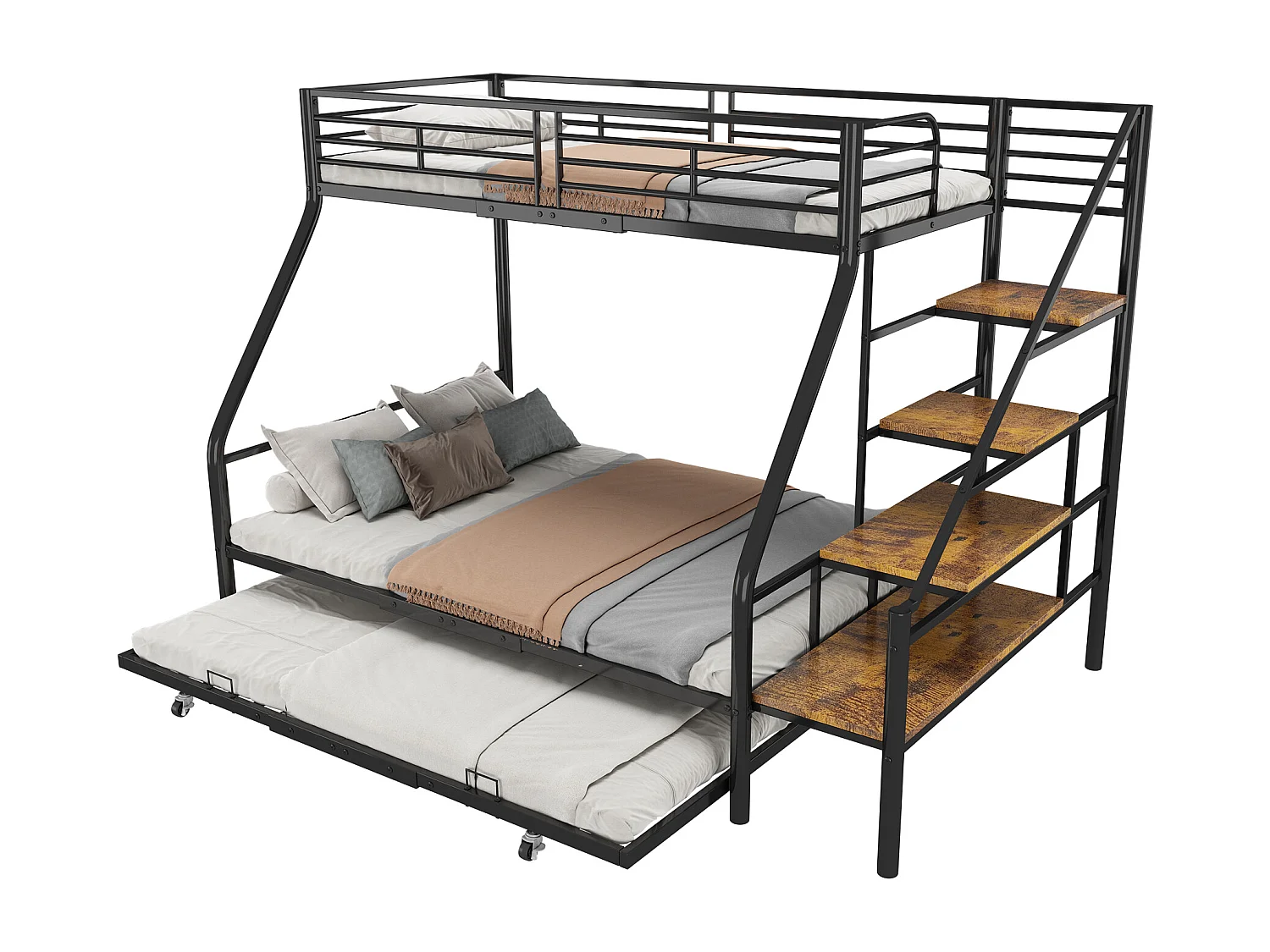 Stapelbedden 140 x 200 + 90 x 200 cm met onderschuifbed 90 x 190 cm - Metaal + MDF - Lattenbodem - Zwart (zonder matras)