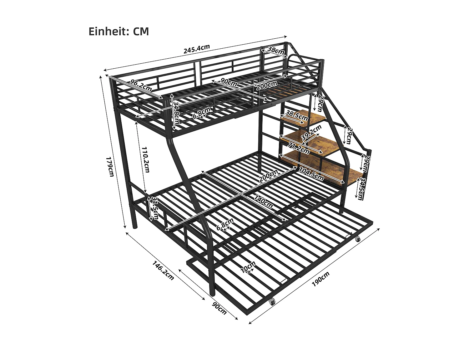 Stapelbedden 140 x 200 + 90 x 200 cm met onderschuifbed 90 x 190 cm - Metaal + MDF - Lattenbodem - Zwart (zonder matras)