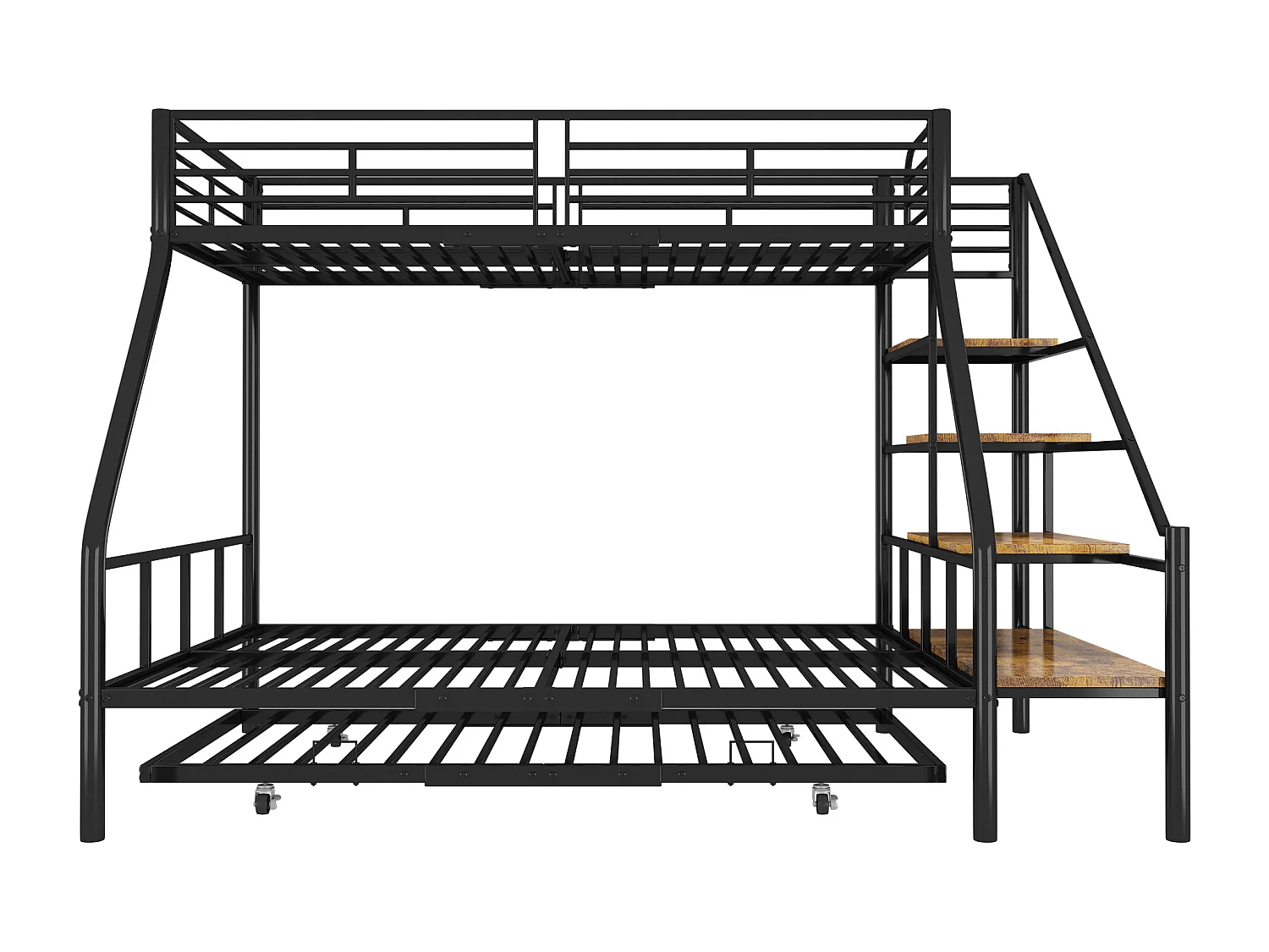 Stapelbedden 140 x 200 + 90 x 200 cm met onderschuifbed 90 x 190 cm - Metaal + MDF - Lattenbodem - Zwart (zonder matras)