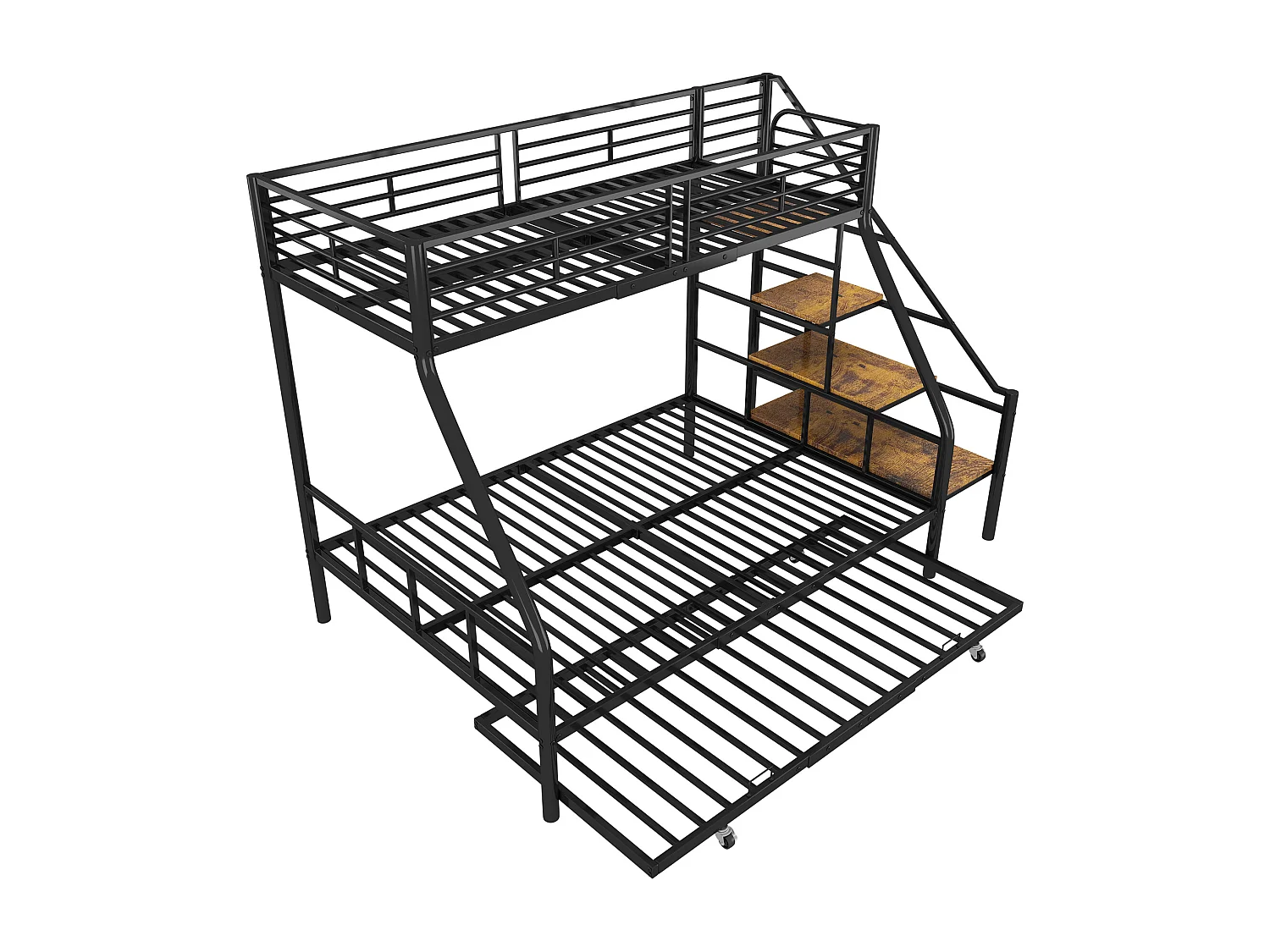 Stapelbedden 140 x 200 + 90 x 200 cm met onderschuifbed 90 x 190 cm - Metaal + MDF - Lattenbodem - Zwart (zonder matras)