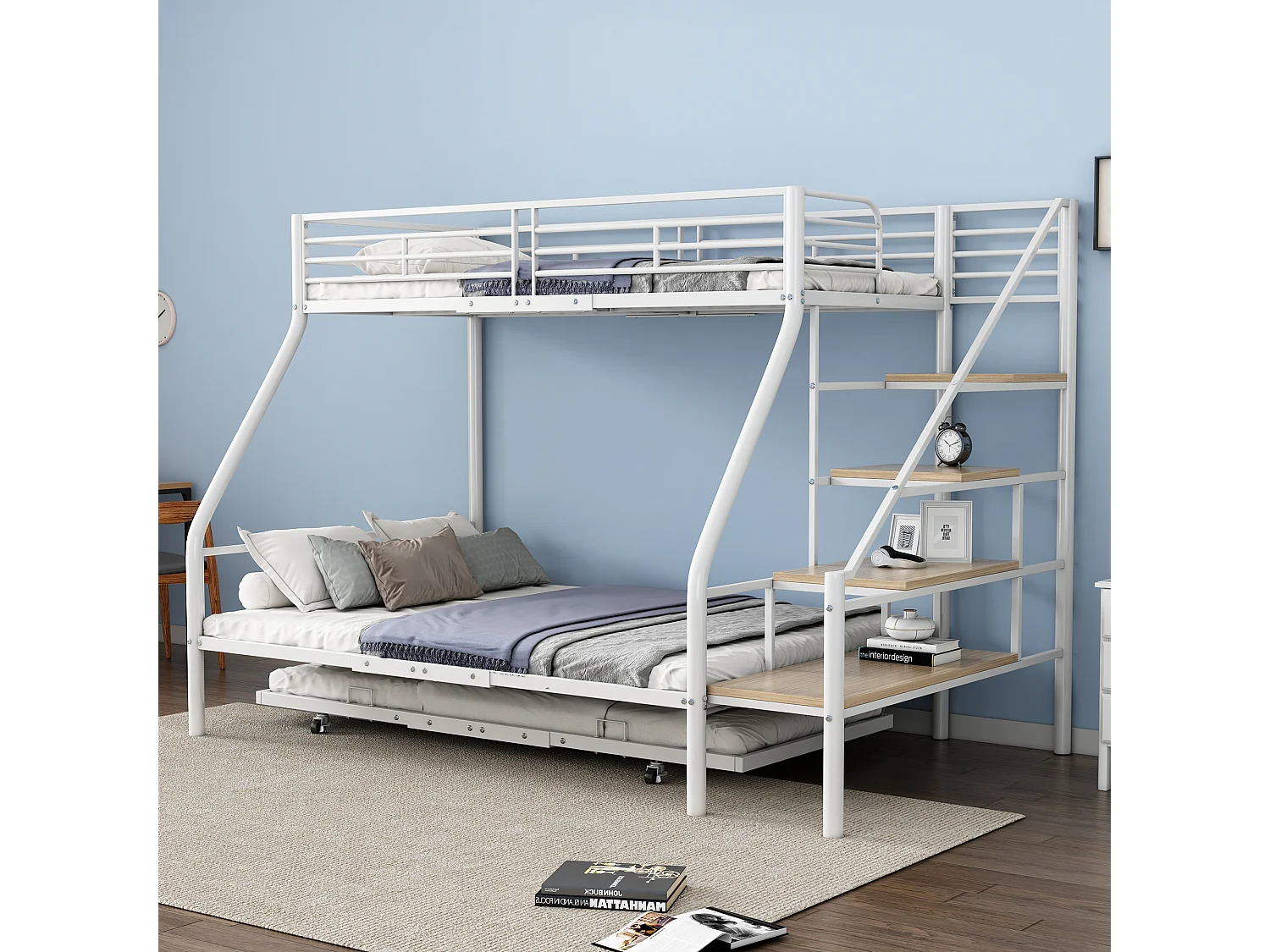 Beliches 140 x 200 + 90 x 200 cm com bicama 90 x 190 cm - Metal + MDF - Base de ripas - Branco (sem colchão)