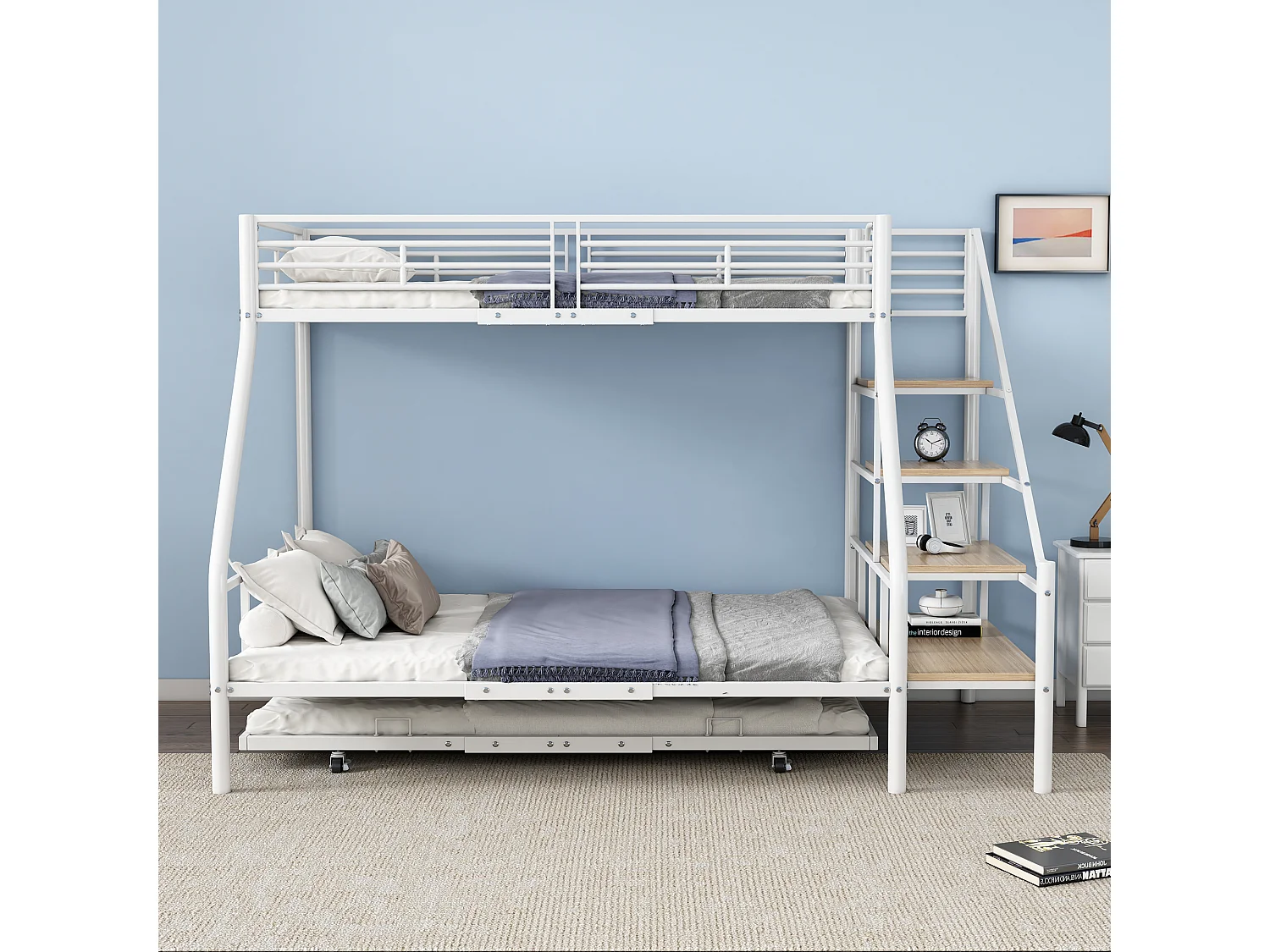 Beliches 140 x 200 + 90 x 200 cm com bicama 90 x 190 cm - Metal + MDF - Base de ripas - Branco (sem colchão)