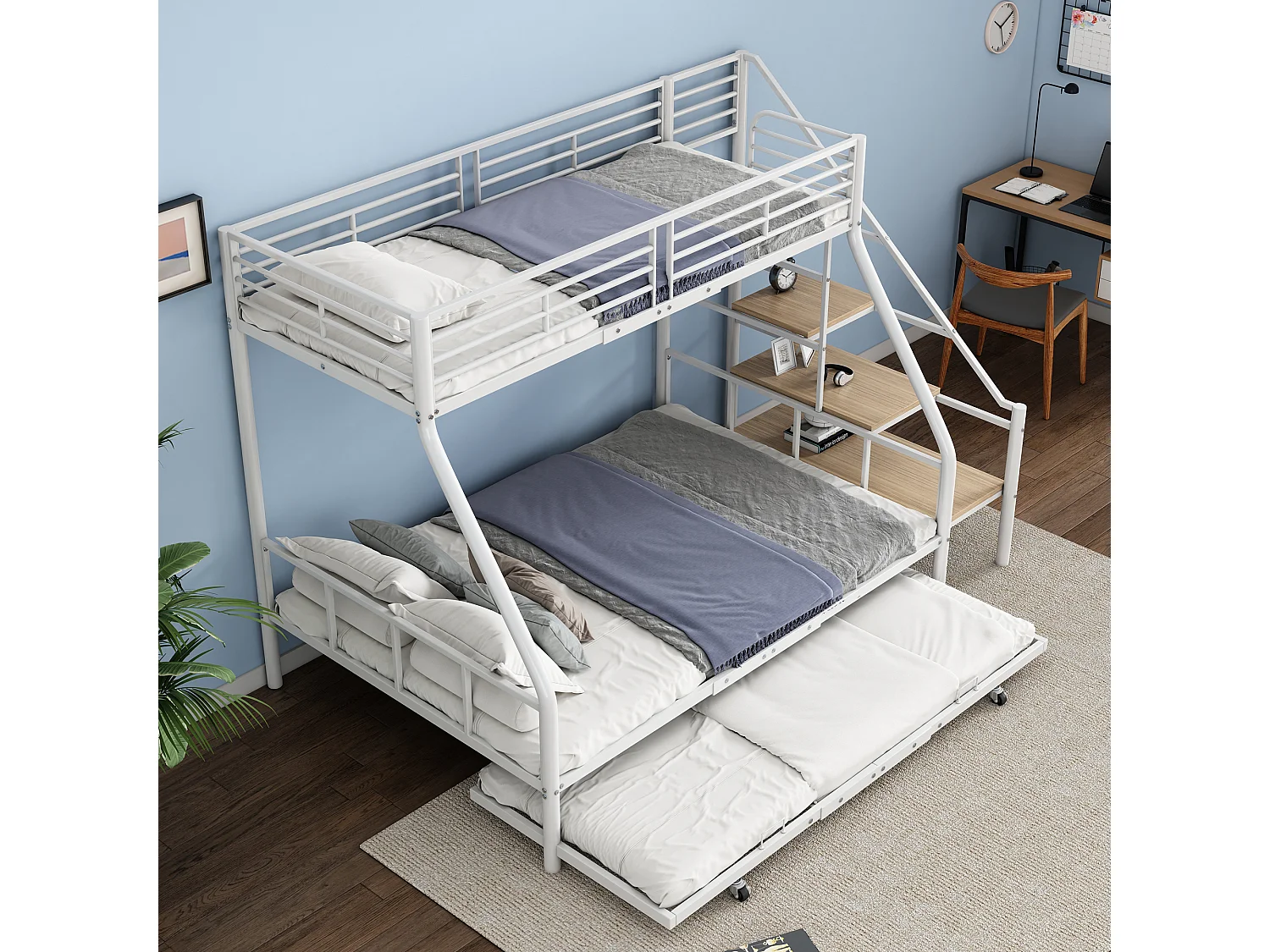 Beliches 140 x 200 + 90 x 200 cm com bicama 90 x 190 cm - Metal + MDF - Base de ripas - Branco (sem colchão)