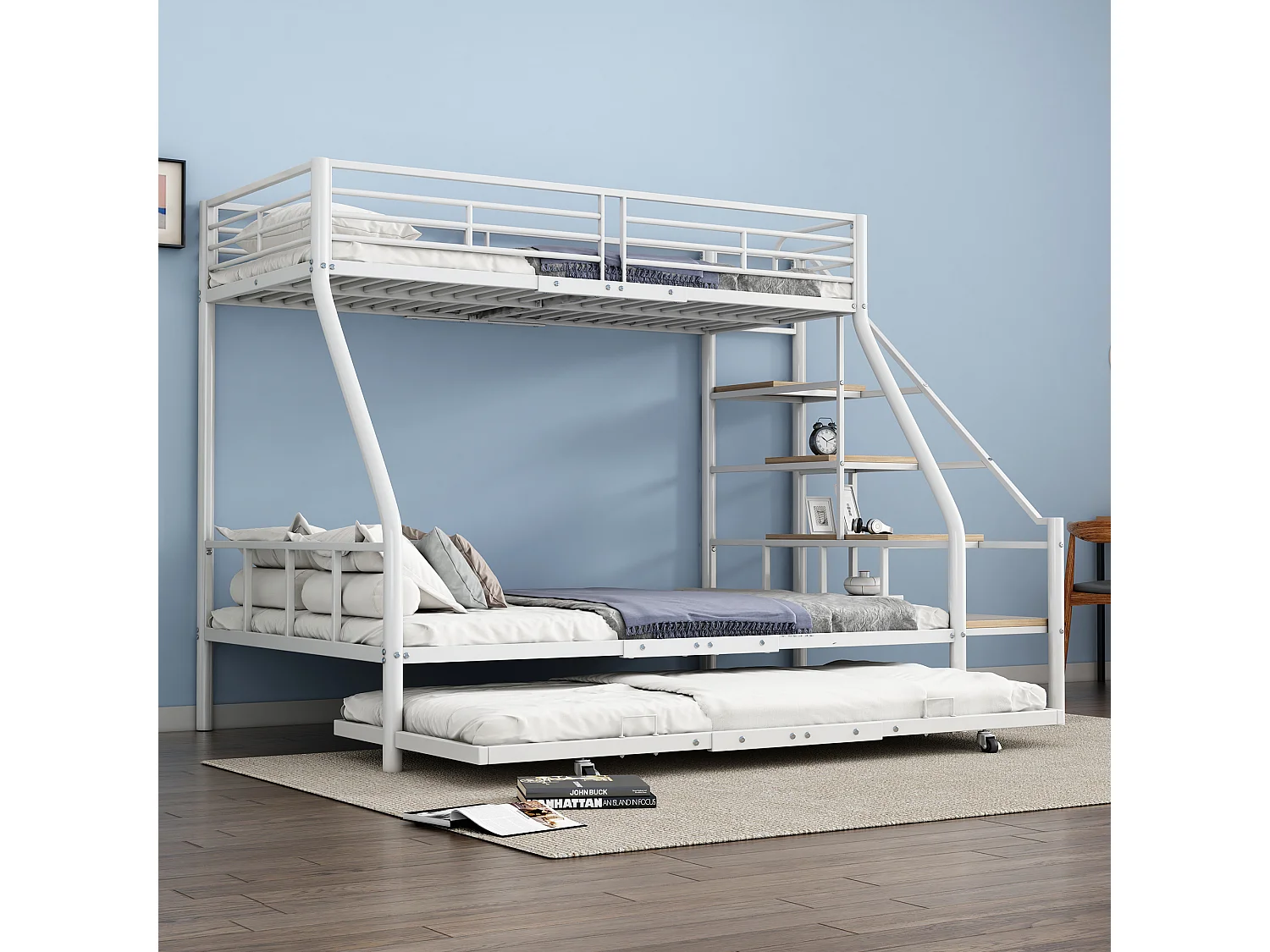 Beliches 140 x 200 + 90 x 200 cm com bicama 90 x 190 cm - Metal + MDF - Base de ripas - Branco (sem colchão)