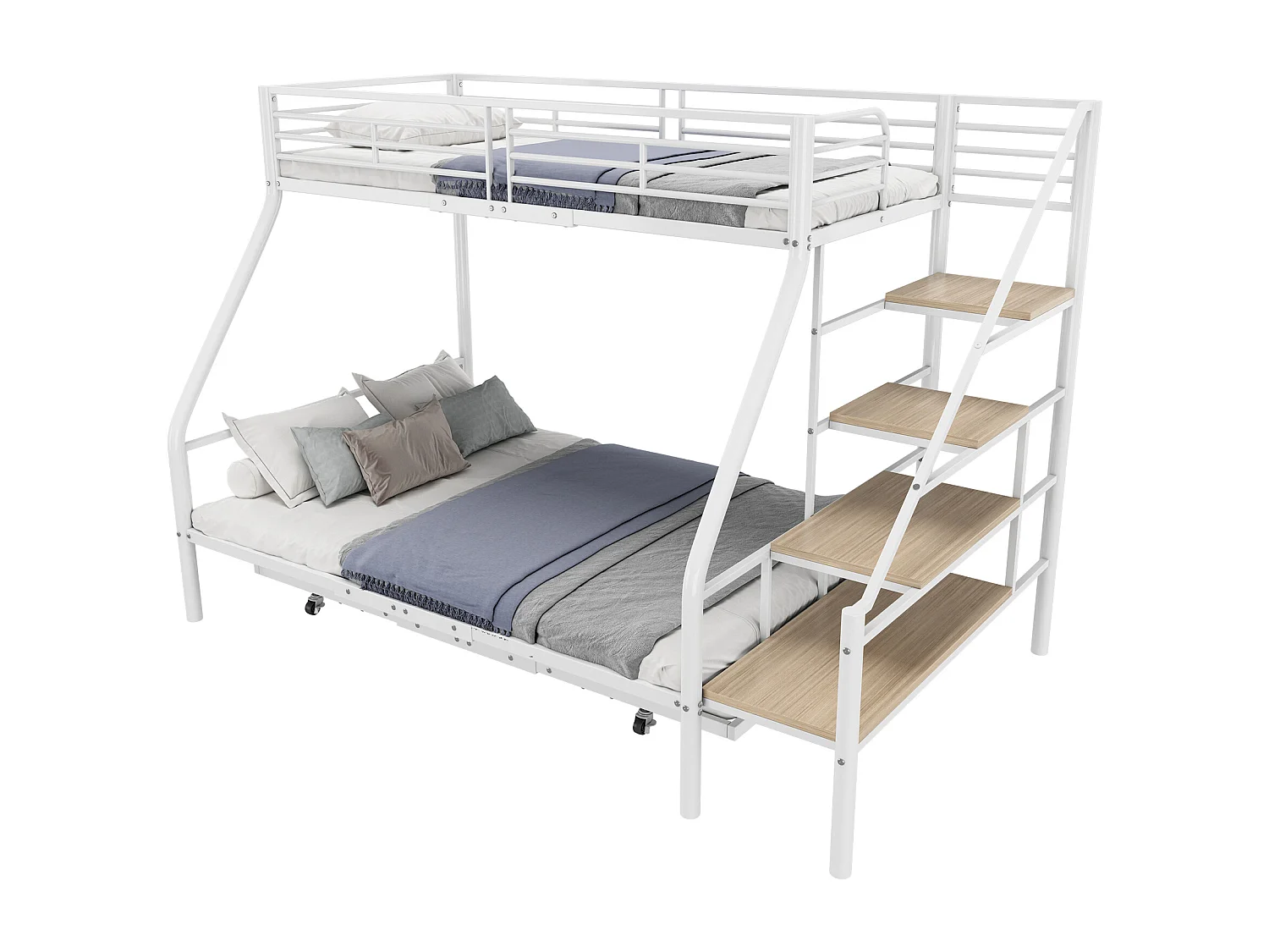 Beliches 140 x 200 + 90 x 200 cm com bicama 90 x 190 cm - Metal + MDF - Base de ripas - Branco (sem colchão)