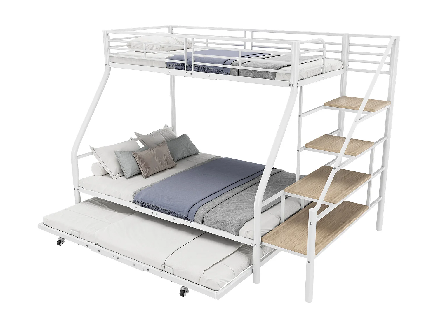 Beliches 140 x 200 + 90 x 200 cm com bicama 90 x 190 cm - Metal + MDF - Base de ripas - Branco (sem colchão)