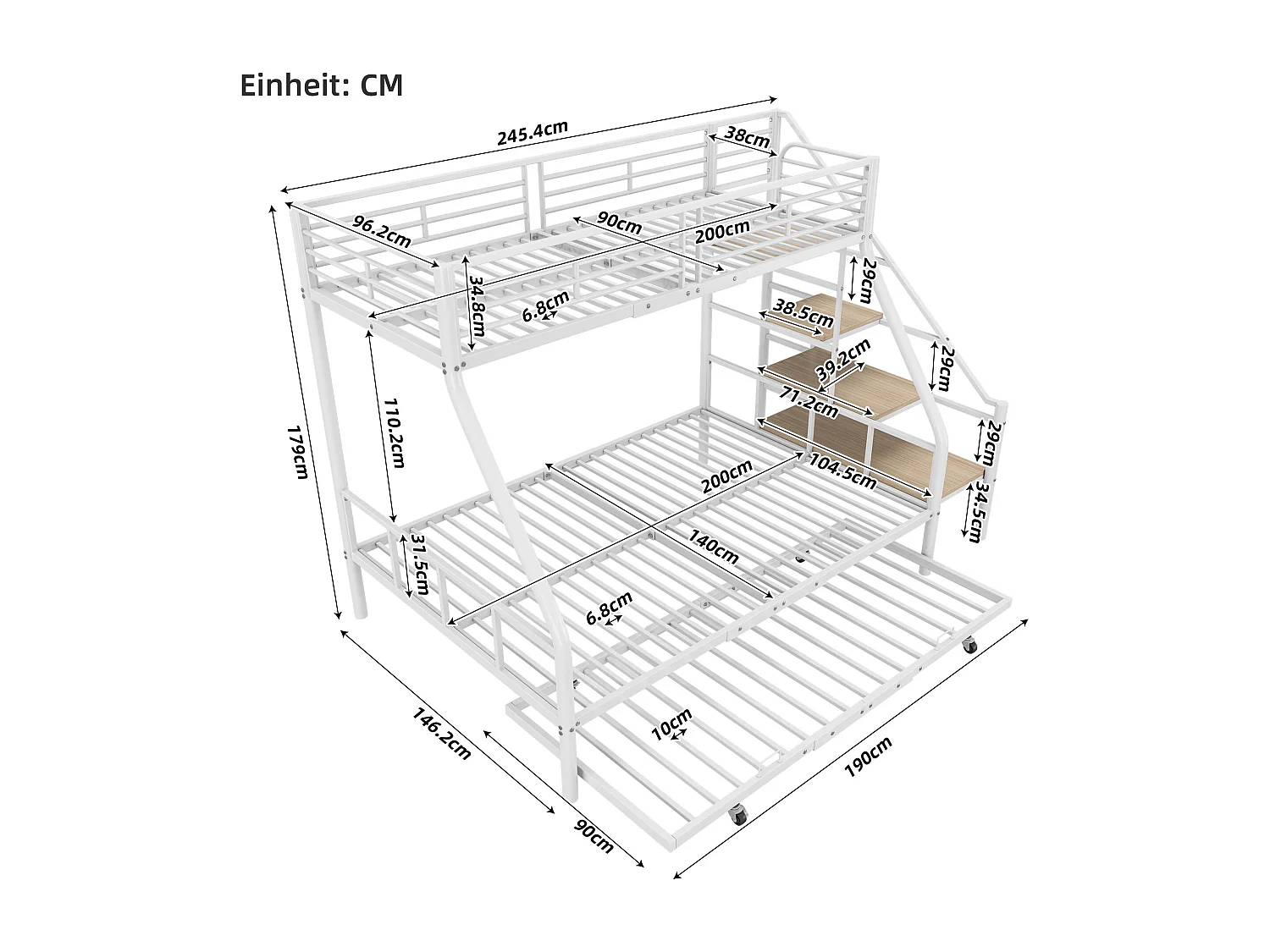 Beliches 140 x 200 + 90 x 200 cm com bicama 90 x 190 cm - Metal + MDF - Base de ripas - Branco (sem colchão)