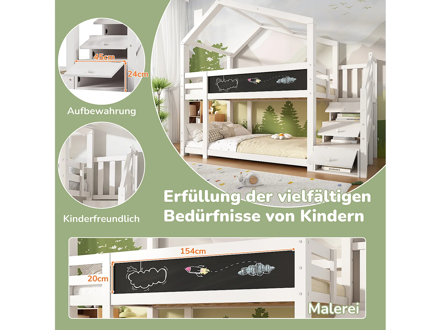 Etagenbett 2 x 90 x 200 cm mit 3 Schubladen und Barrieren – Massivholz + MDF – 2 x Lattenrost – Weiß (ohne Matratze)