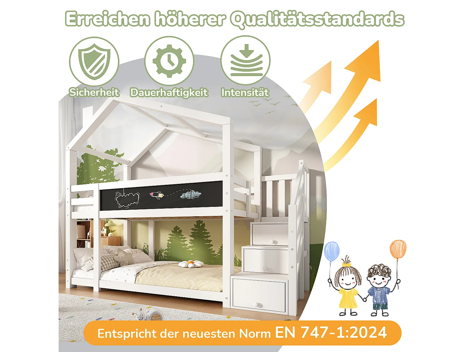 Etagenbett 2 x 90 x 200 cm mit 3 Schubladen und Barrieren – Massivholz + MDF – 2 x Lattenrost – Weiß (ohne Matratze)