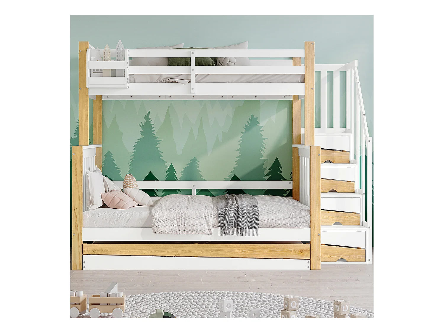 Lits superposés 120 x 200 cm + 90 x 200 cm avec lit gigogne 90 x 190 cm - 4 tiroirs et barrières - Bois massif + MDF - Blanc + naturel
