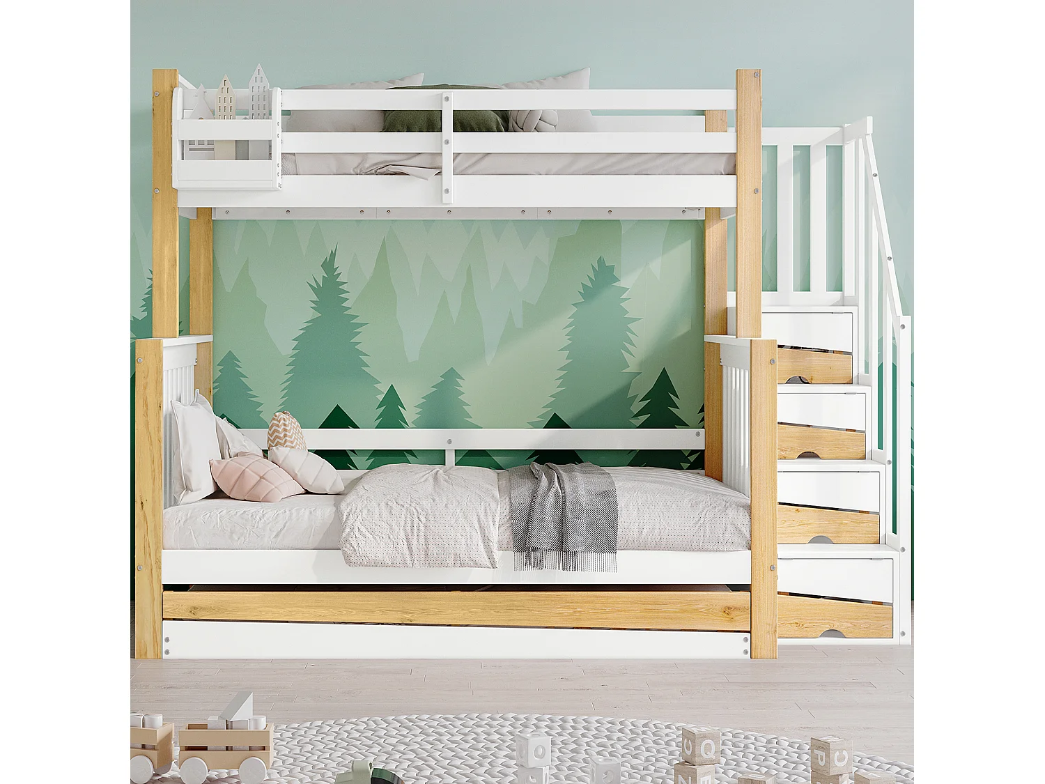 Letti a castello 120 x 200 cm + 90 x 200 cm con letto estraibile 90 x 190 cm - 4 cassetti e barriere - Legno massello + MDF - Bianco + naturale