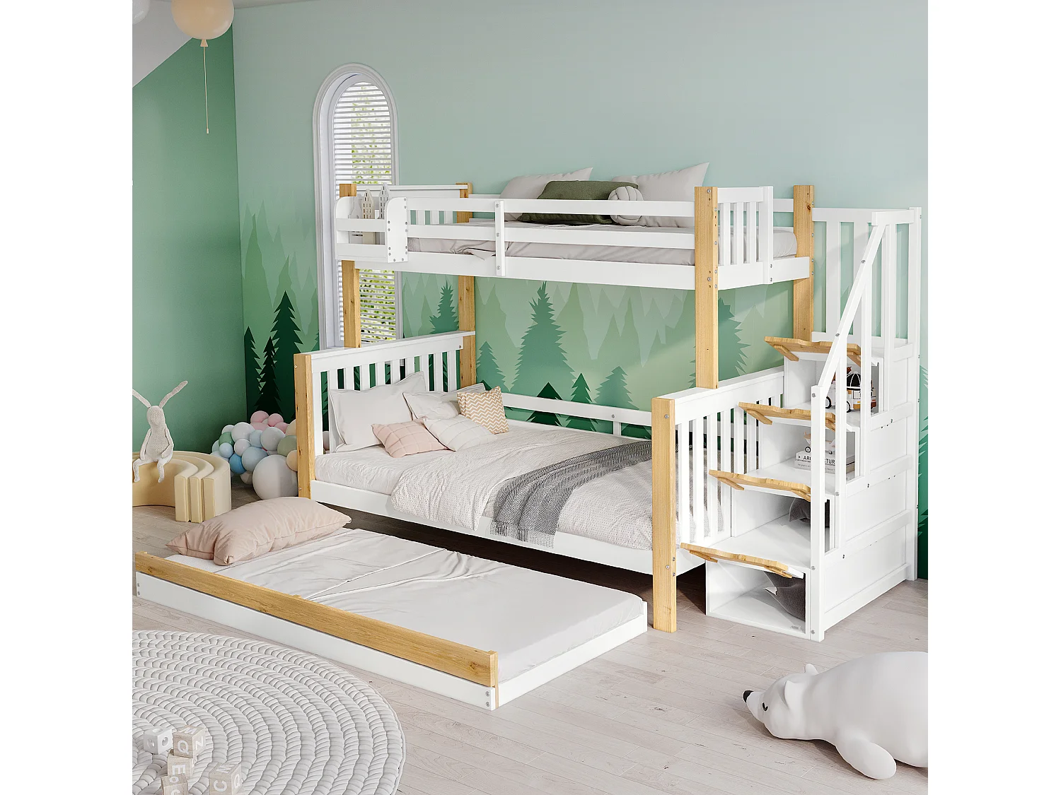 Letti a castello 120 x 200 cm + 90 x 200 cm con letto estraibile 90 x 190 cm - 4 cassetti e barriere - Legno massello + MDF - Bianco + naturale