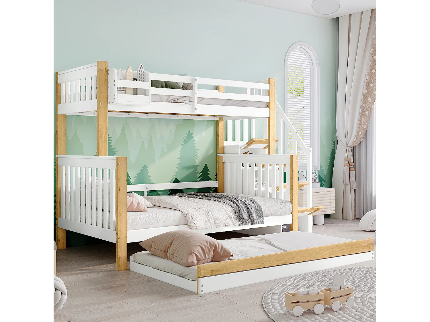 Letti a castello 120 x 200 cm + 90 x 200 cm con letto estraibile 90 x 190 cm - 4 cassetti e barriere - Legno massello + MDF - Bianco + naturale