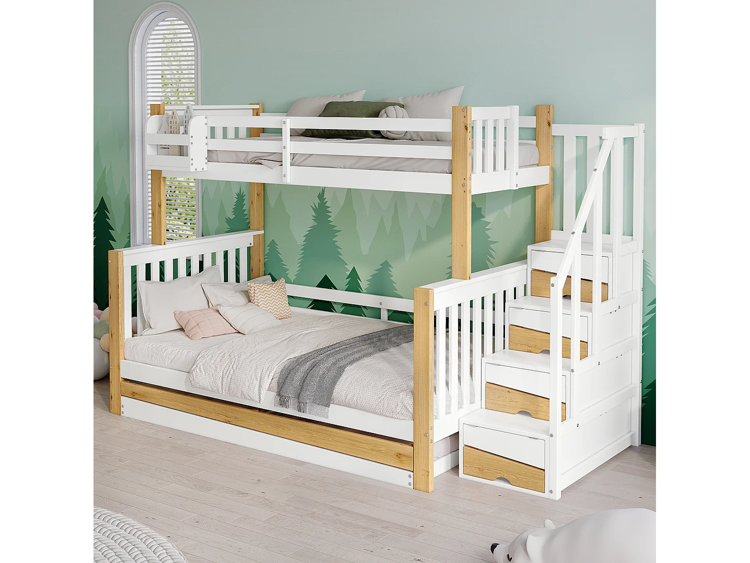 Letti a castello 120 x 200 cm + 90 x 200 cm con letto estraibile 90 x 190 cm - 4 cassetti e barriere - Legno massello + MDF - Bianco + naturale