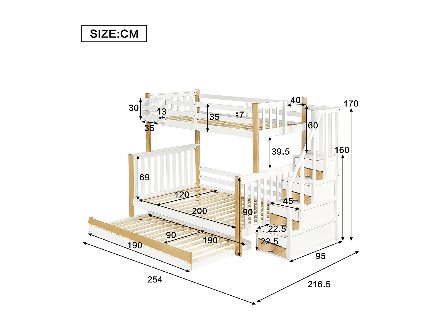 Letti a castello 120 x 200 cm + 90 x 200 cm con letto estraibile 90 x 190 cm - 4 cassetti e barriere - Legno massello + MDF - Bianco + naturale