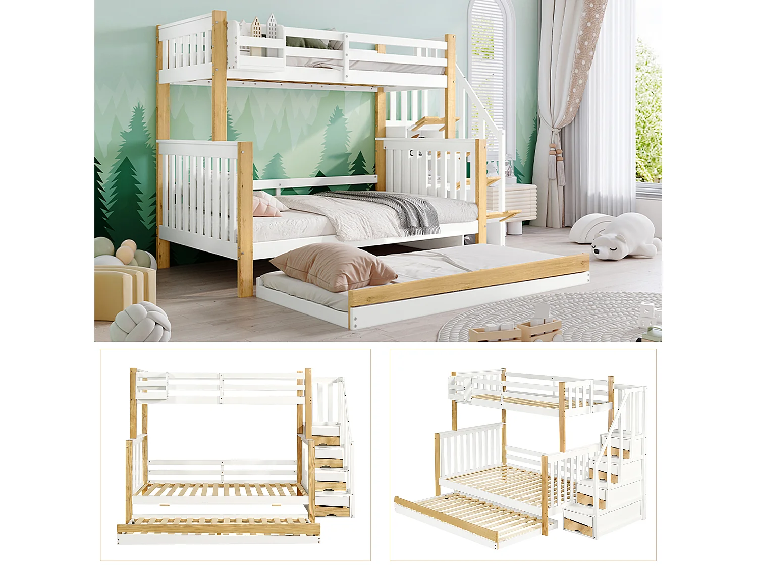 Letti a castello 120 x 200 cm + 90 x 200 cm con letto estraibile 90 x 190 cm - 4 cassetti e barriere - Legno massello + MDF - Bianco + naturale
