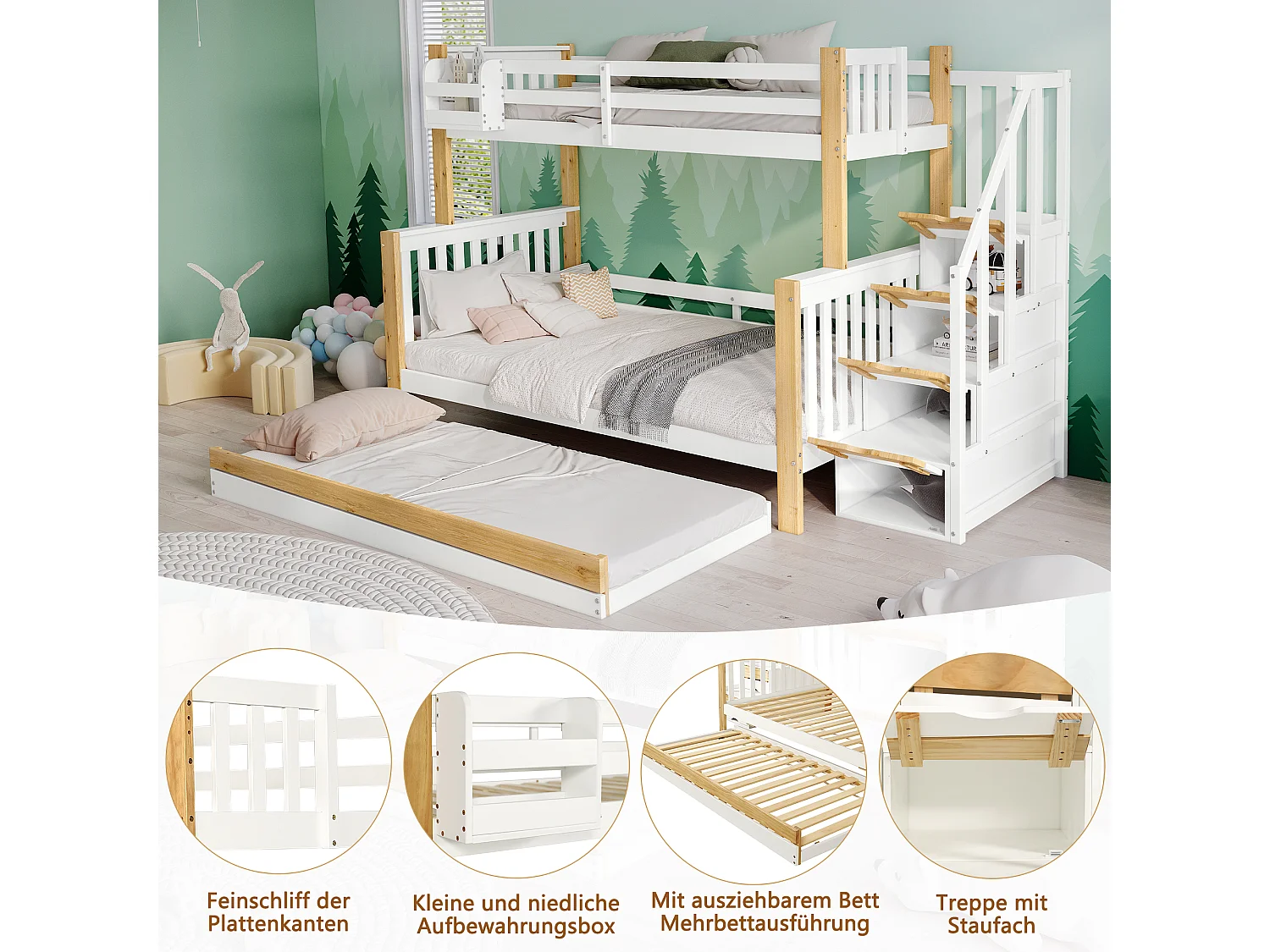 Letti a castello 120 x 200 cm + 90 x 200 cm con letto estraibile 90 x 190 cm - 4 cassetti e barriere - Legno massello + MDF - Bianco + naturale