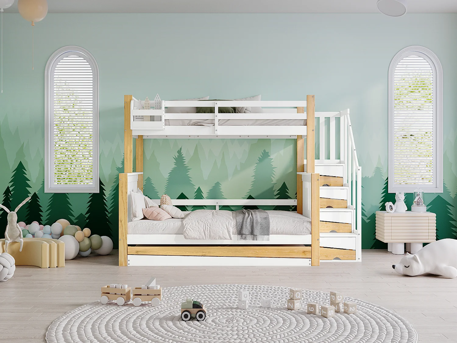 Letti a castello 120 x 200 cm + 90 x 200 cm con letto estraibile 90 x 190 cm - 4 cassetti e barriere - Legno massello + MDF - Bianco + naturale