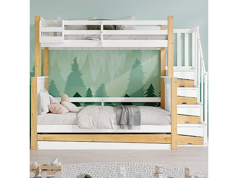 Beliches 120 x 200 cm + 90 x 200 cm com bicama 90 x 190 cm - 4 gavetas e barreiras - Madeira maciça + MDF - Branco + natural