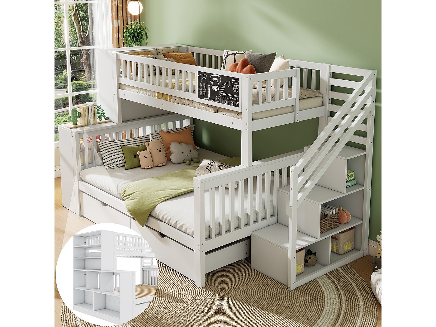 Lit Superposé 140x200 Cm , Lit Enfant Avec Étagère D'Escalier, 2 Tiroirs, Garde,Corps Hauts, Sans Matelas, Bois De Pin + MDF, Blanc | Leroy Merlin