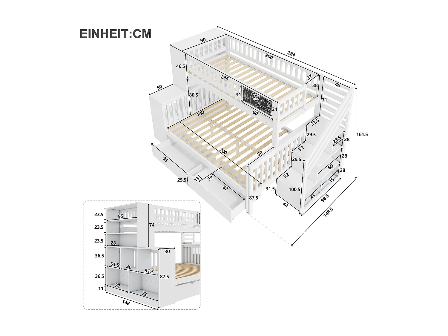 Etagenbetten 140 x 200 cm + 90 x 200 cm – 2 Schubladen, Aufbewahrungsschränke und Graffiti-Panel – Massivholz – Weiß (ohne Matratze)