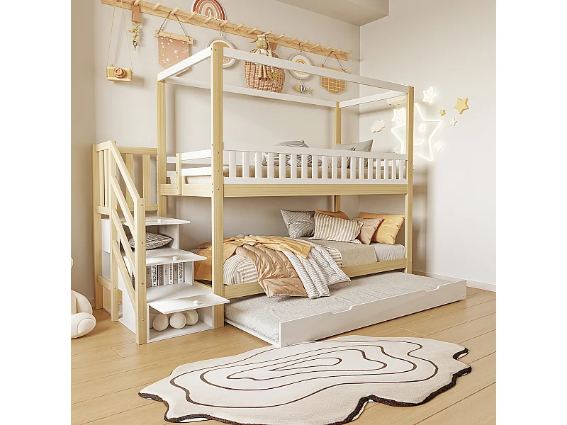 Etagenbetten 2 x 90 x 200 cm mit Ausziehbett 90 x 190 cm – 3 Schubladen – Kiefer + Sperrholz + MDF – Weiß und Holz (ohne Matratze)