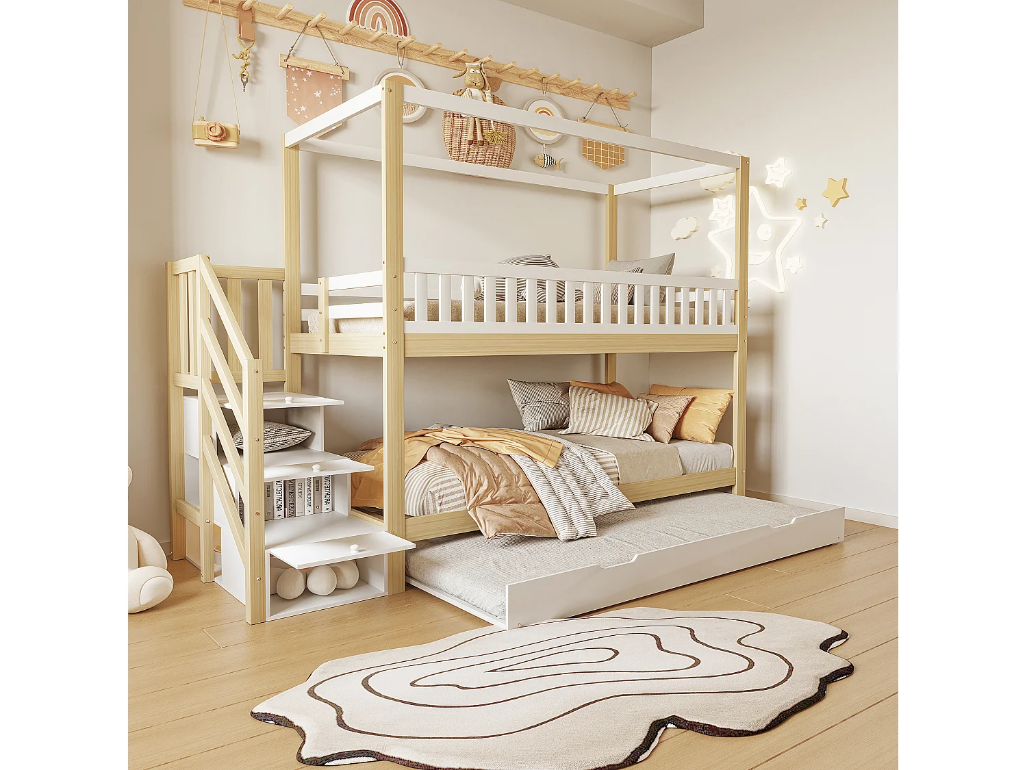 Etagenbetten 2 x 90 x 200 cm mit Ausziehbett 90 x 190 cm – 3 Schubladen – Kiefer + Sperrholz + MDF – Weiß und Holz (ohne Matratze)