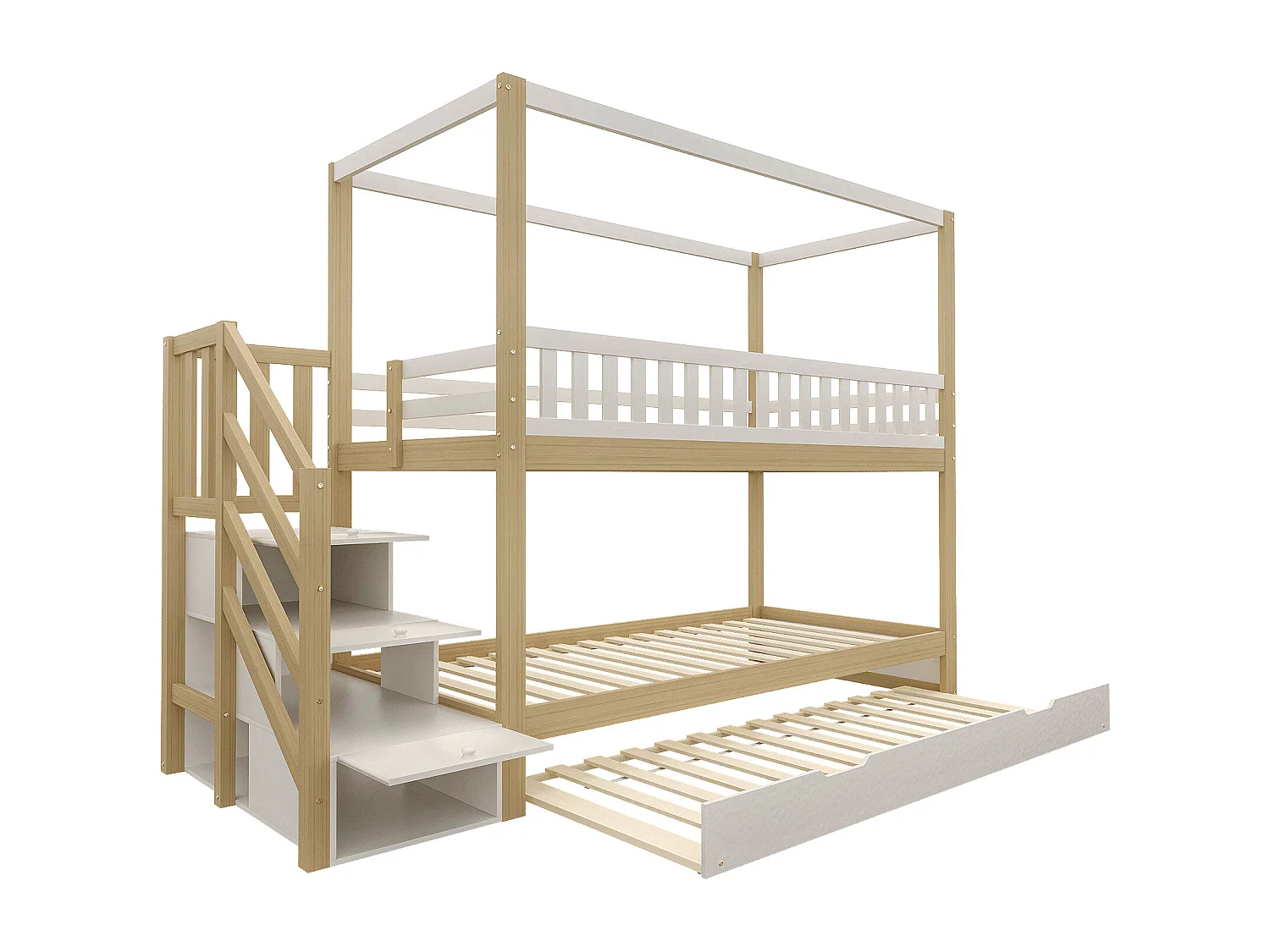Etagenbetten 2 x 90 x 200 cm mit Ausziehbett 90 x 190 cm – 3 Schubladen – Kiefer + Sperrholz + MDF – Weiß und Holz (ohne Matratze)