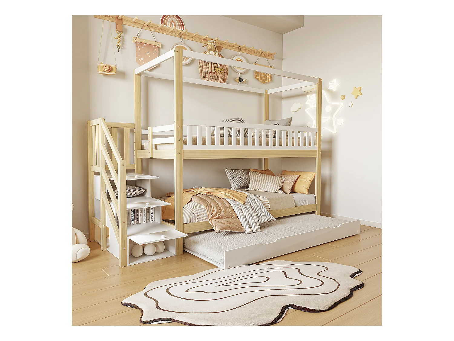 Etagenbetten 2 x 90 x 200 cm mit Ausziehbett 90 x 190 cm – 3 Schubladen – Kiefer + Sperrholz + MDF – Weiß und Holz (ohne Matratze)