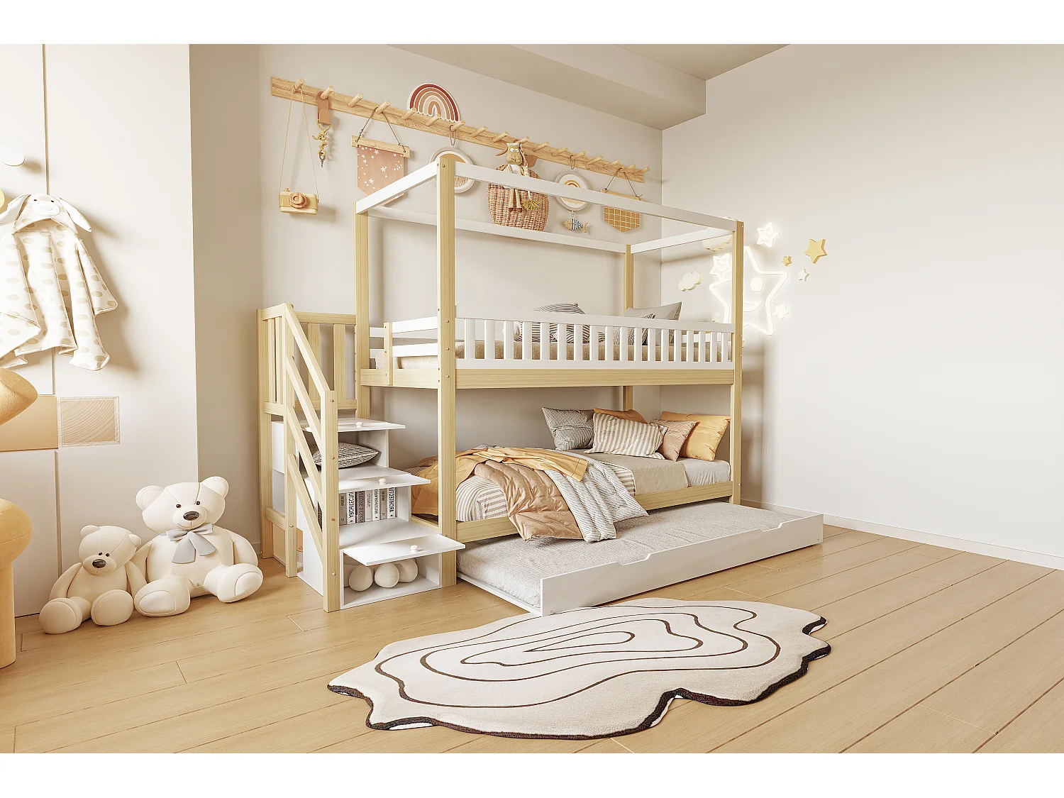 Beliches 2 x 90 x 200 cm com bicama 90 x 190 cm - 3 gavetas - Pinho + compensado + MDF - Branco e madeira (sem colchão)