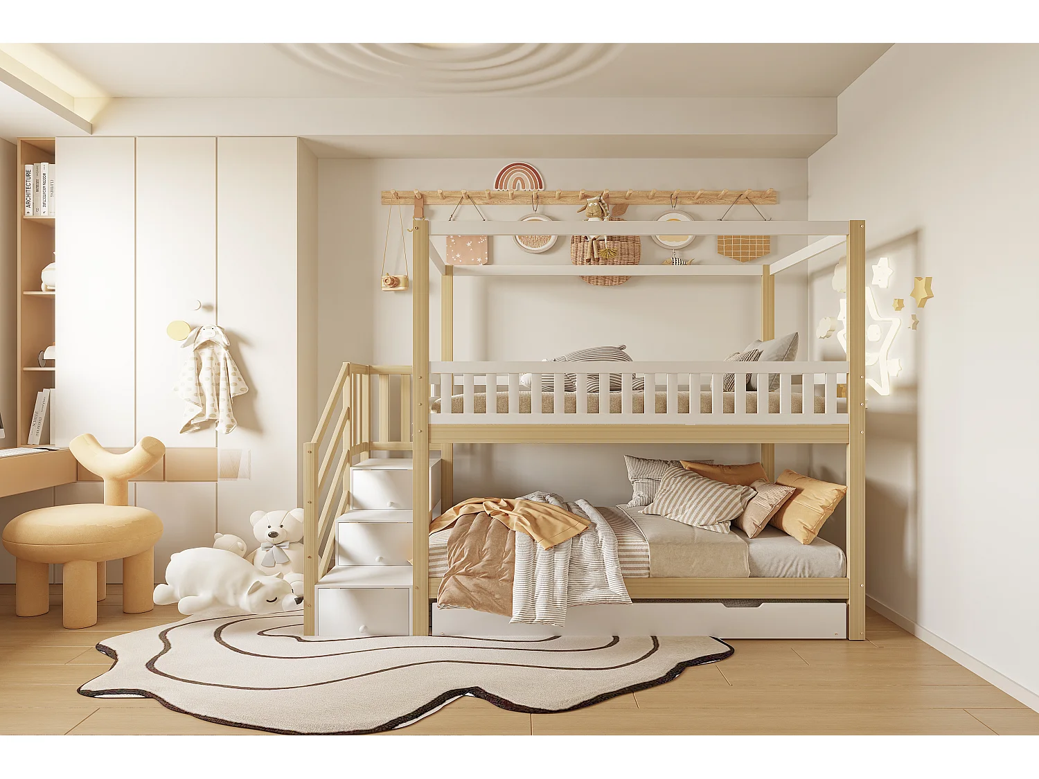 Beliches 2 x 90 x 200 cm com bicama 90 x 190 cm - 3 gavetas - Pinho + compensado + MDF - Branco e madeira (sem colchão)