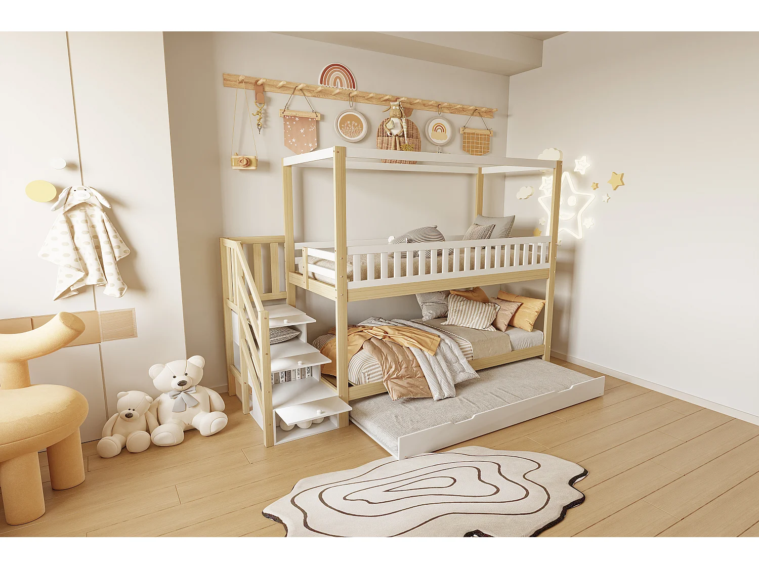 Beliches 2 x 90 x 200 cm com bicama 90 x 190 cm - 3 gavetas - Pinho + compensado + MDF - Branco e madeira (sem colchão)